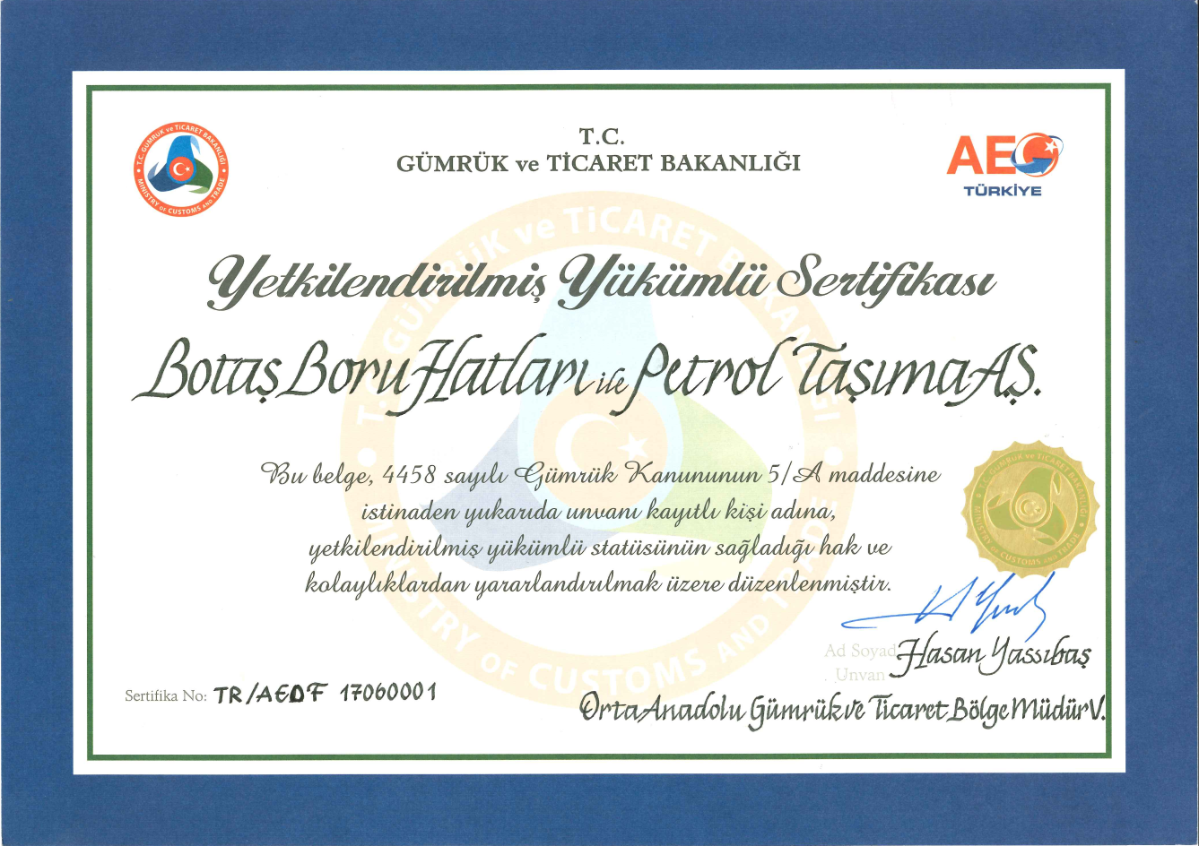 Our Organization Has Been Granted an “Authorized Economic Certificate” by The Ministry of Customs and Trade